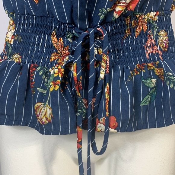 OLM Blue Floral Striped Blouse Medium - Picture 5 of 8